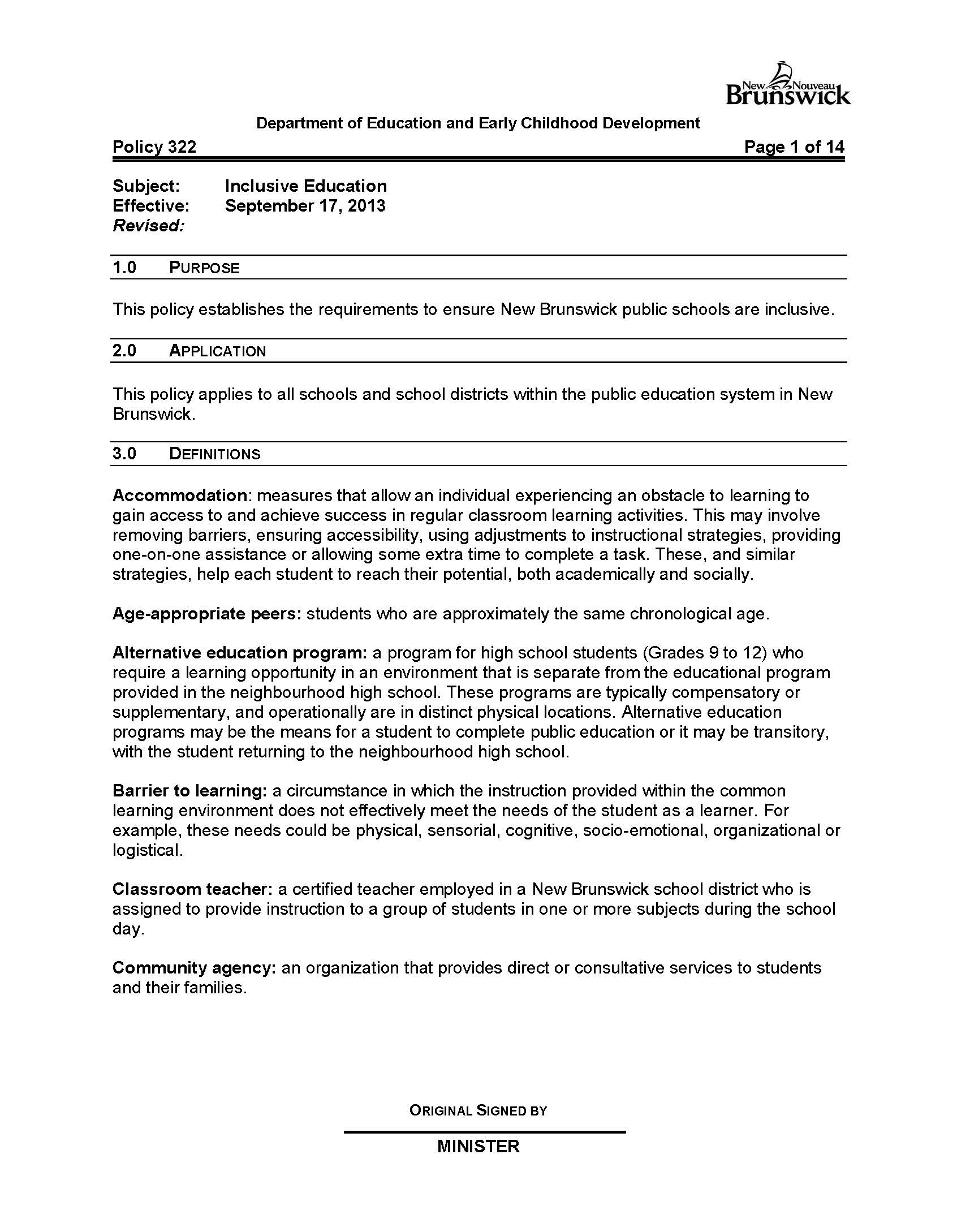 Policy 322 Inclusive Education