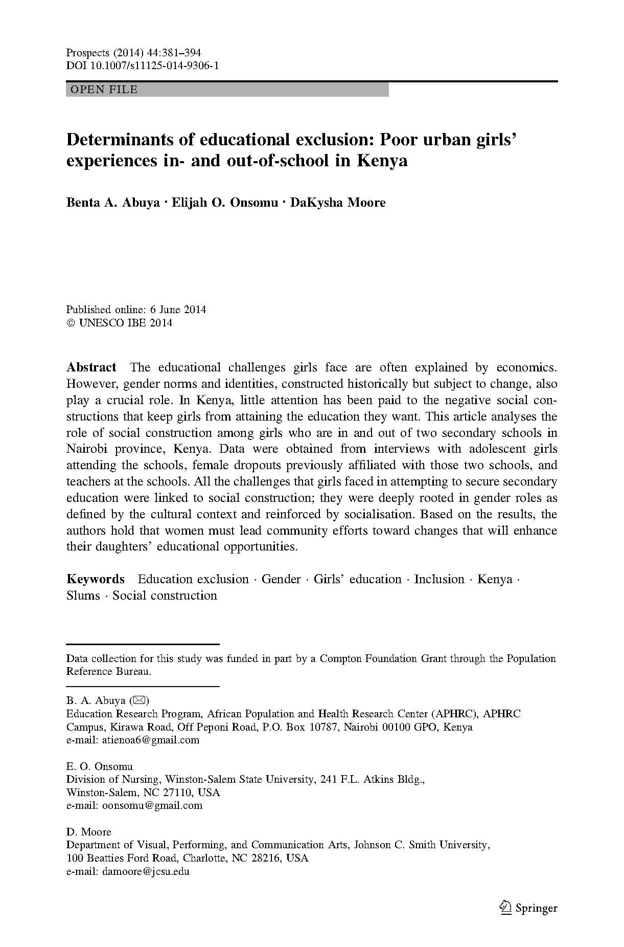 Determinants of educational exclusion Poor urban girls