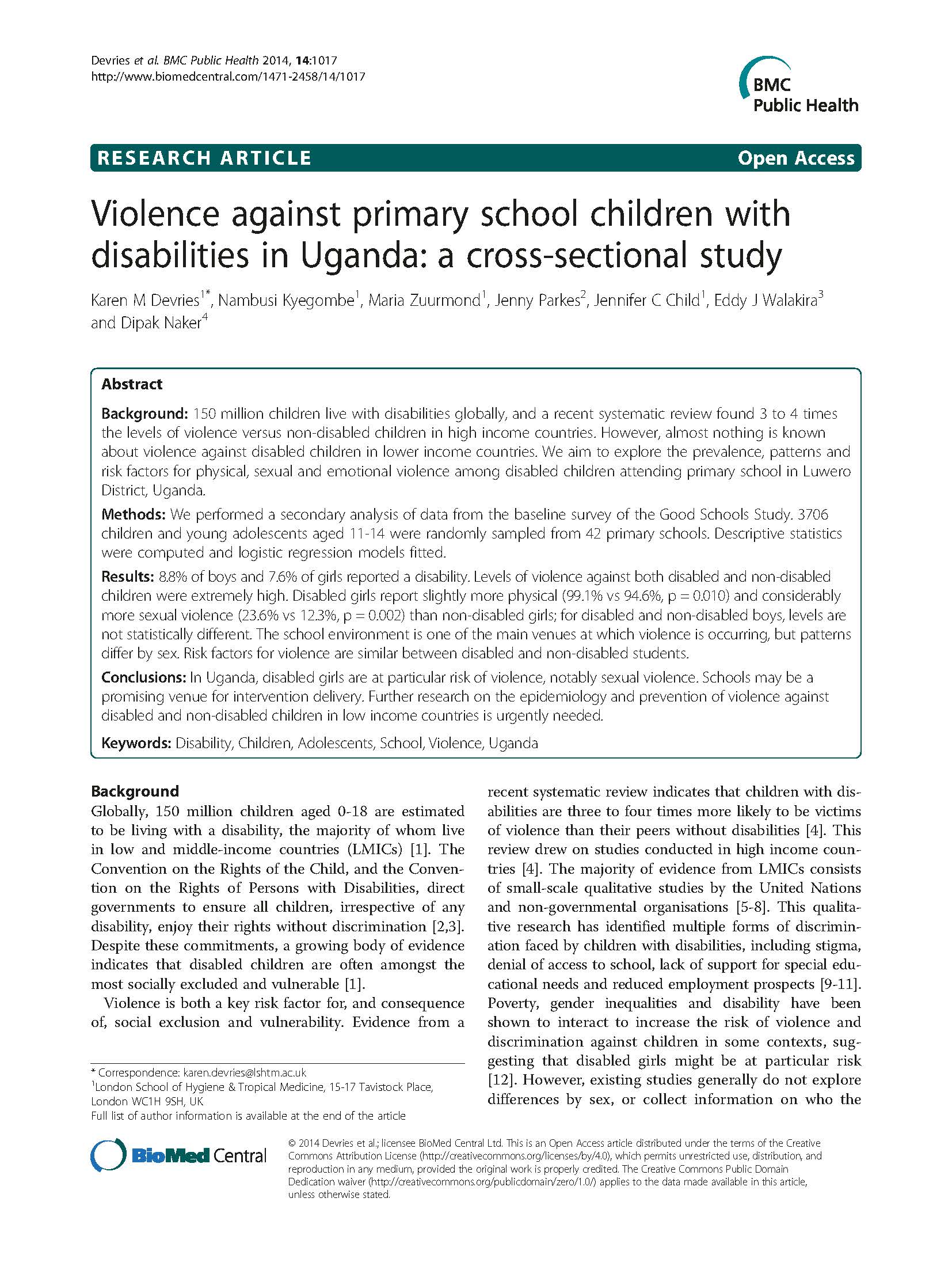 Violence against primary school children with disabilities in Uganda a cross-sectional study