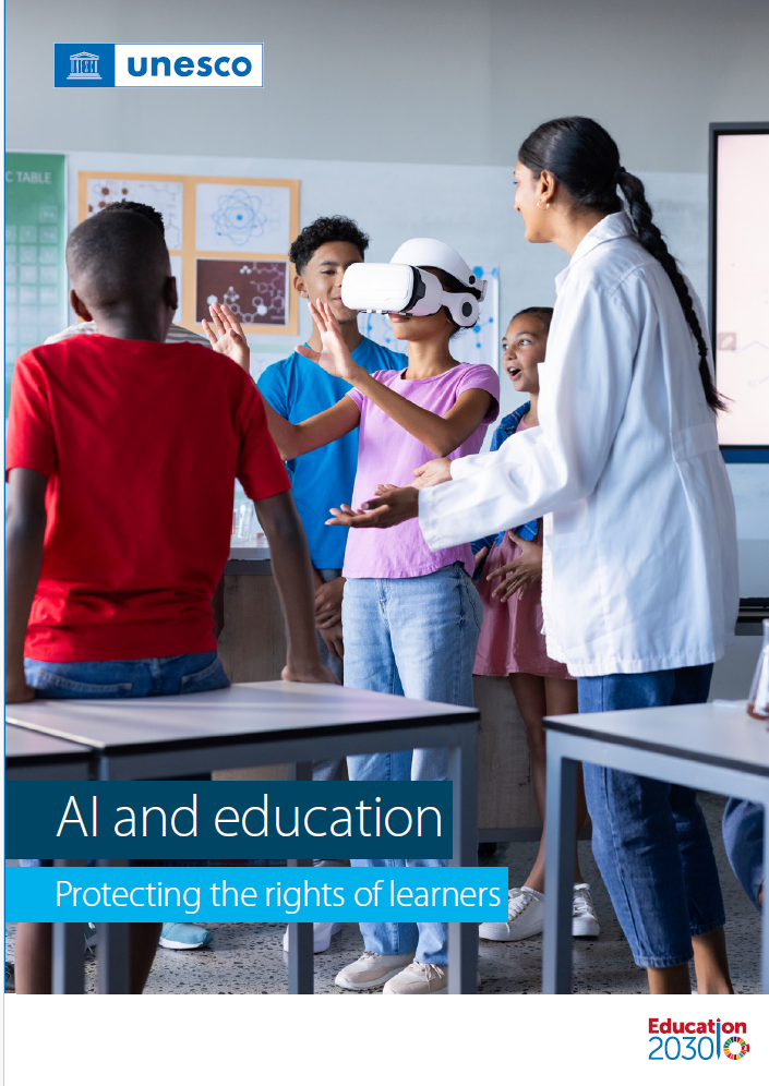 A classroom with students and a female teacher, a teenager girl uses virtual glasses
