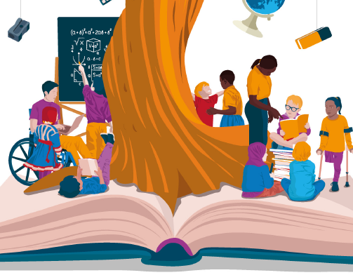 How can we build inclusive teaching and learning environments? poster drawing of an open book, tree and children